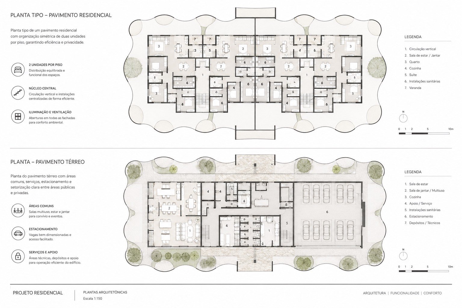 Plantas arquitetónicas — pavimento tipo residencial e pavimento térreo, escala 1:150