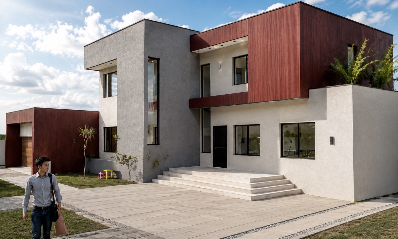 Moradia unifamiliar executada pela ARKON, com volumes em reboco claro, betão à vista e painéis em óxido