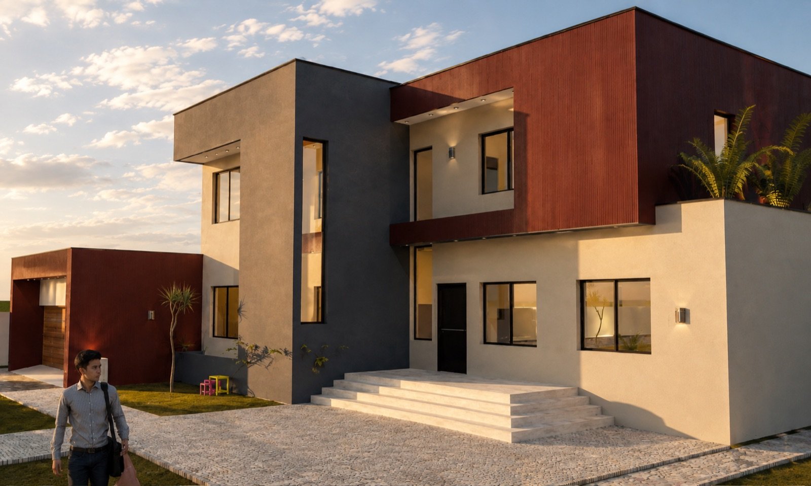 Villa Óxido — moradia de dois pisos com painéis em óxido e reboco claro ao entardecer